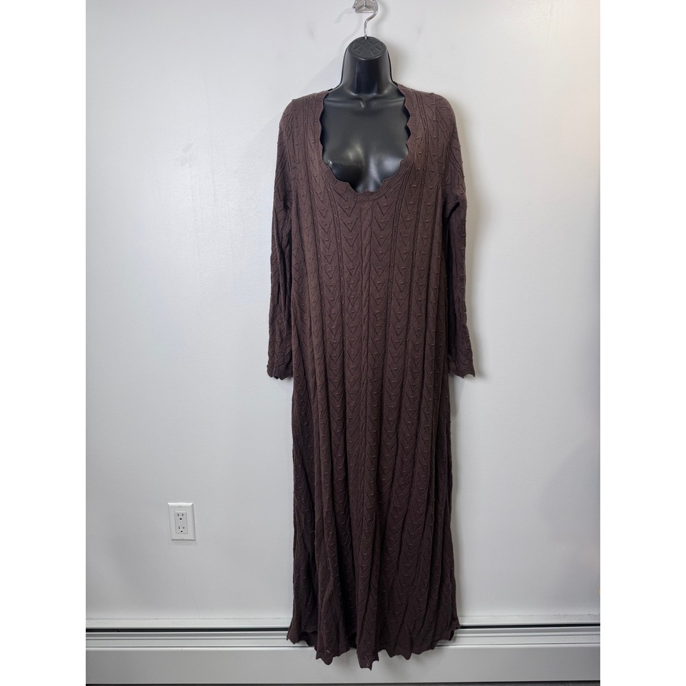 Spell Women Lou Lou Brown Maxi Dress Pointelle Knit Scallop Neck Long Sleeve XL